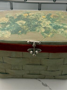 Woven Decorative Storage Box in Green with Red Trim